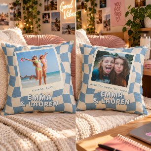 Custom Best Friends Photo Blue Wavy Chequered Throw Pillow