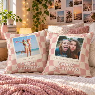 Custom Best Friends Photo Pink Wavy Chequered Throw Pillow