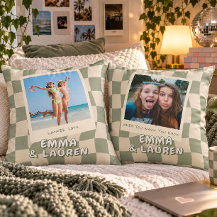 Custom Best Friends Photo Sage Wavy Chequered Throw Pillow