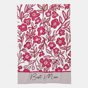 Custom Best Mom Boho Floral Red Grey Kitchen Towel