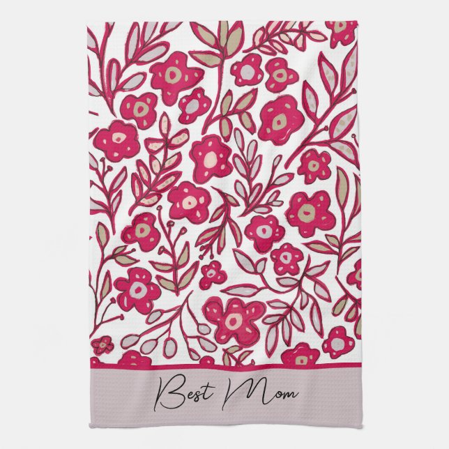 Custom Best Mom Boho Floral Red Grey Kitchen Towel (Vertical)