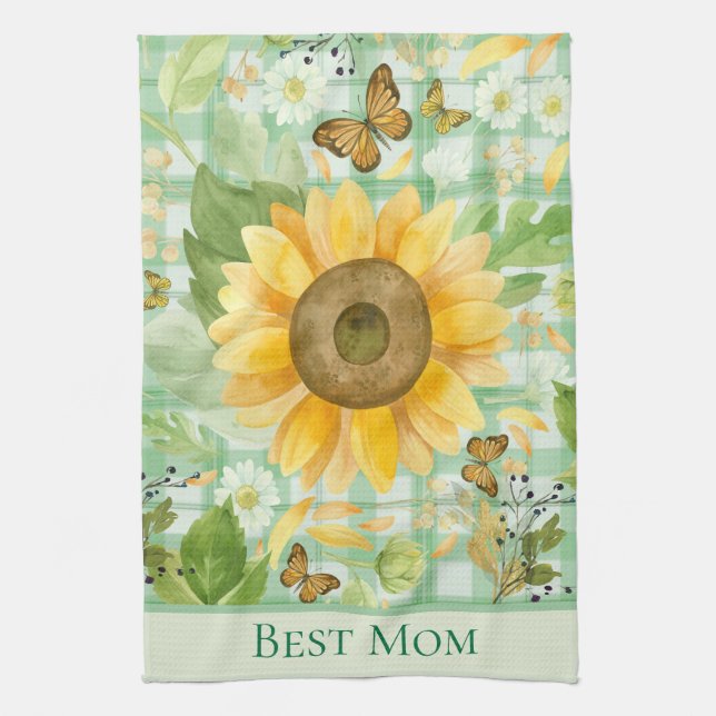 Custom Best Mom Green Gingham Sunflower Butterfly  Kitchen Towel (Vertical)