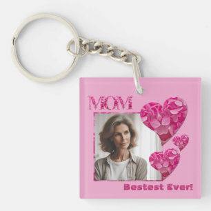 Custom Bestest Mom Ever Photo Floral Heart Pink Keychain