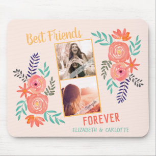 Custom BFF 2 Photo Coral Pink Watercolor Flower  Mouse Pad