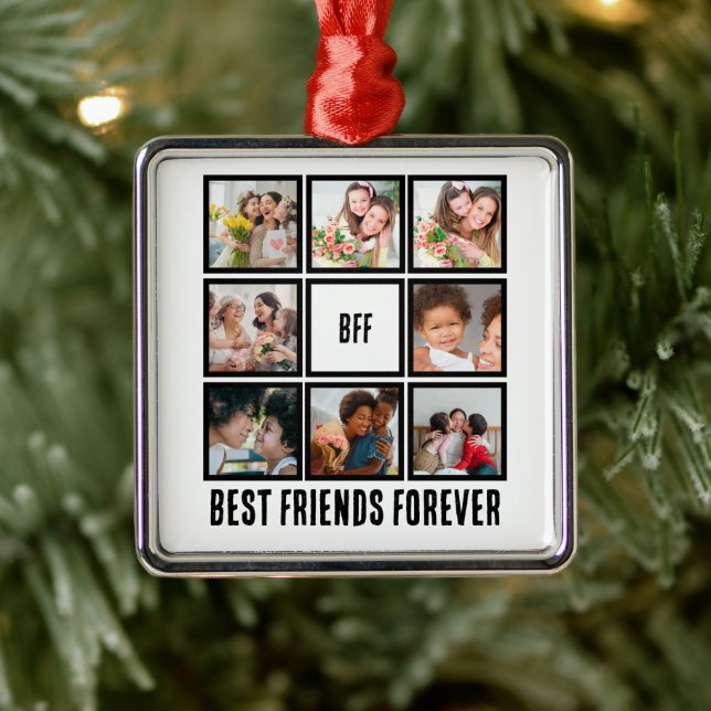 Custom BFF Best Friends Forever 8 Photo Collage Metal Ornament (Tree)