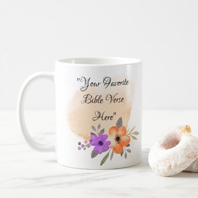 Custom Bible Verse on Peach Background and Flower Coffee Mug (With Donut)