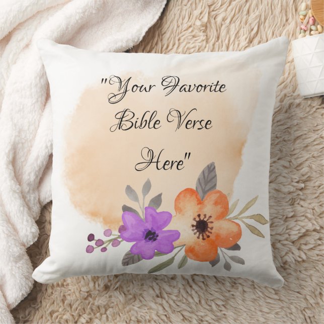 Custom Bible Verse on Peach Background and Flower Throw Pillow (Blanket)