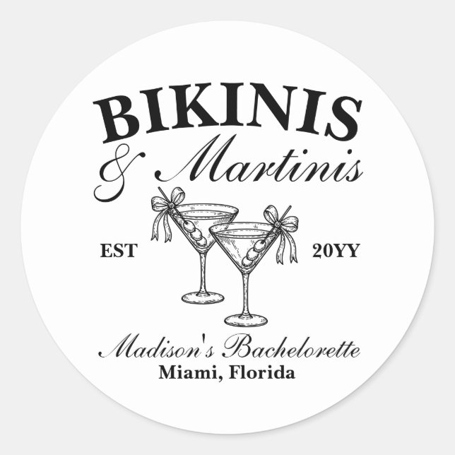 Custom Bikinis and Martinis Bachelorette Party Classic Round Sticker (Front)