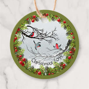 Custom Birds In Snow Pine Needles Red Berries Favour Tags