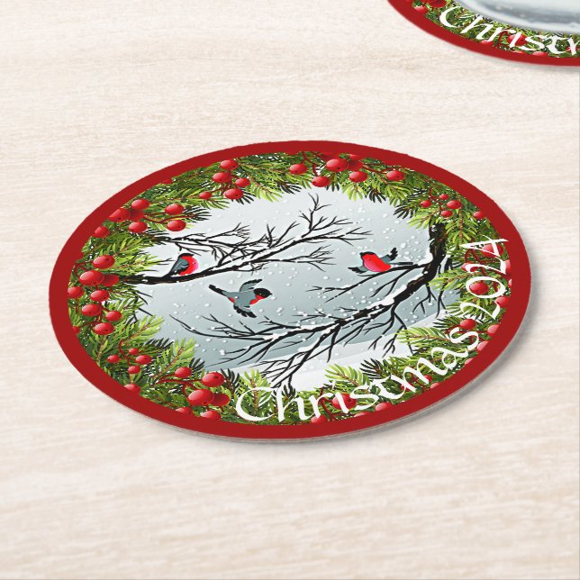 Custom Birds In Snow Pine Needles Red Berries Round Paper Coaster (Angled)