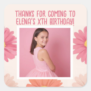 Custom Birthday Add Photo Name Age Thanks Floral Square Sticker