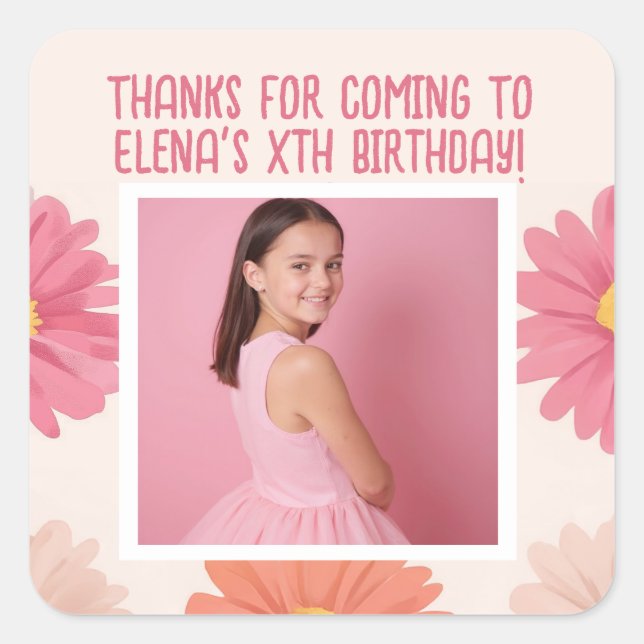 Custom Birthday Add Photo Name Age Thanks Floral Square Sticker (Front)