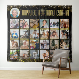 Custom Birthday Banner Multi Photo Black Gold Tapestry
