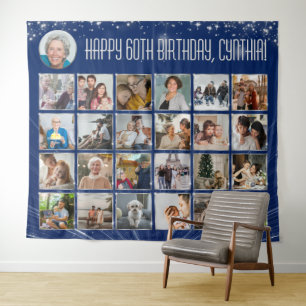 Custom Birthday Banner Multi Photo Blue Silver Tapestry