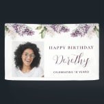 Custom Birthday Banner Photo 18th Purple Floral<br><div class="desc">Soft watercolor purple lilacs create a pretty springtime 18th custom birthday banner.  The guest of honour's photo is to the left. Happy Birthday,  their name and Celebrating 19 years is to the right. All of the text can be customized.</div>