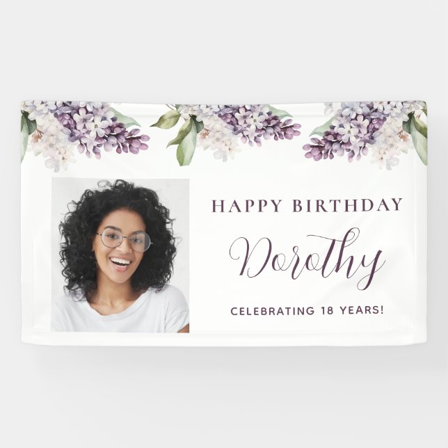 Custom Birthday Banner Photo 18th Purple Floral (Horizontal)