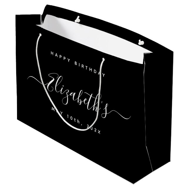 Custom  Birthday Black and White Large Gift Bag (Back Angled)