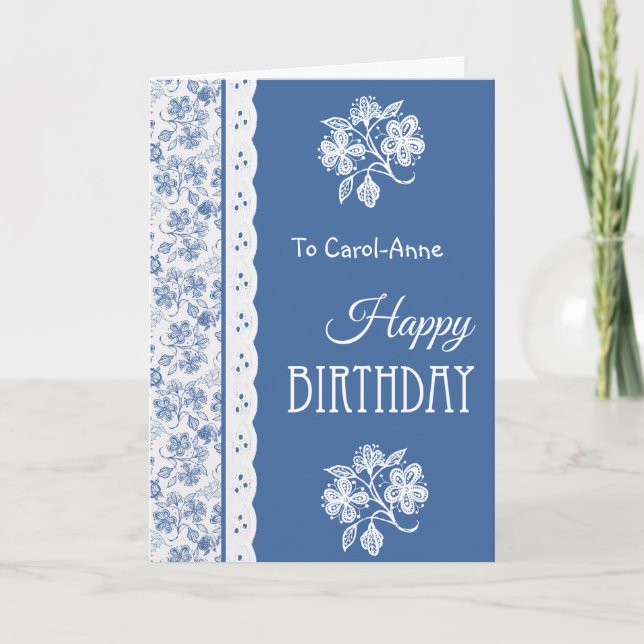 Custom Birthday Card Indigo Blue and White Floral (Front)