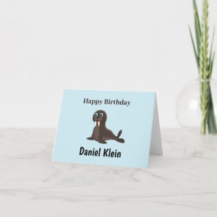 Custom birthday cute grey seal blue card