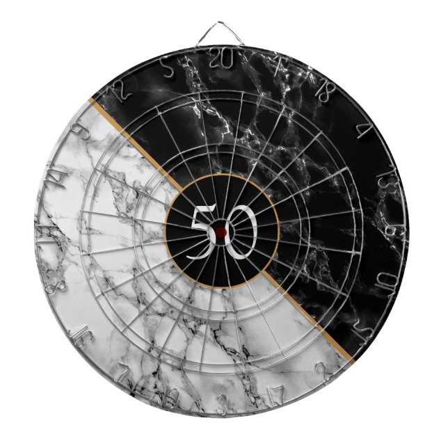 Custom Birthday Dart Board Gift Black White Marble (Front)