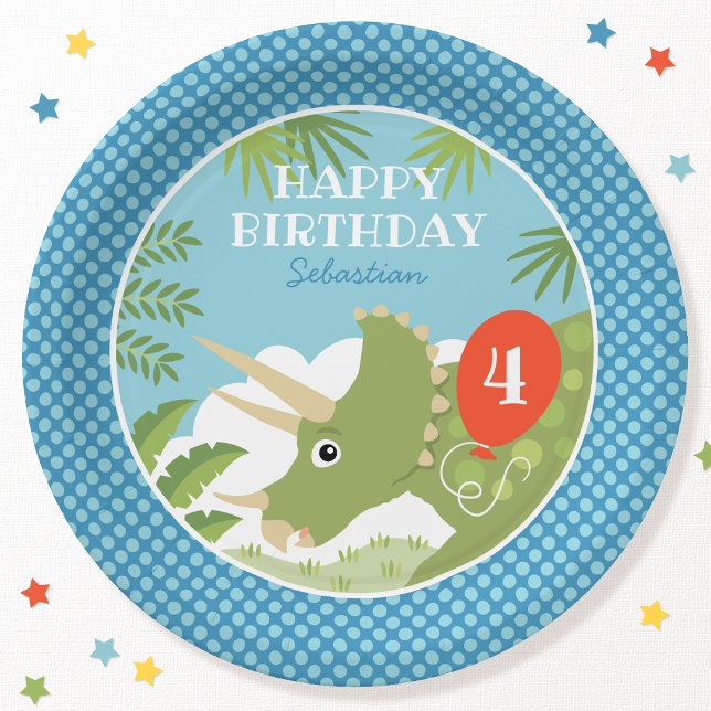 Custom Birthday Dinosaur Triceratops Any Age Blues Paper Plate (Creator Uploaded)