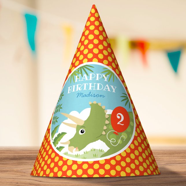 Custom Birthday Dinosaur Triceratops Any Age Red Party Hat (Creator Uploaded)