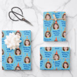 Custom Birthday Gift Wrapping Paper Party Hat Blue<br><div class="desc">Customize this blue wrapping paper with a friend or family member's face. Further personalize the gift wrap with their name and if you'd like, add their birthday age. For best results, add a close up photo of their full face and hair. Prior to uploading the photo, crop the photo into...</div>