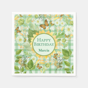 Custom Birthday Green Gingham Sunflower Butterfly Napkin