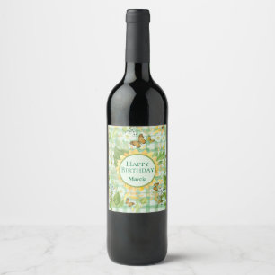 Custom Birthday Green Gingham Sunflower Butterfly Wine Label