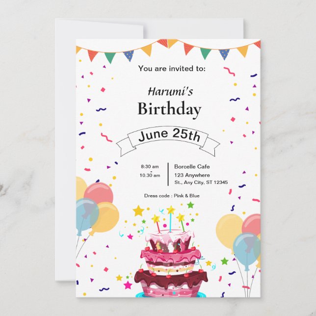 Custom Birthday Invitation – Balloon & Cake Design (Front)