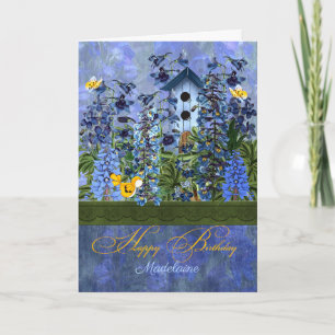 Custom Birthday Larkspur Garden with Birdhouse Card