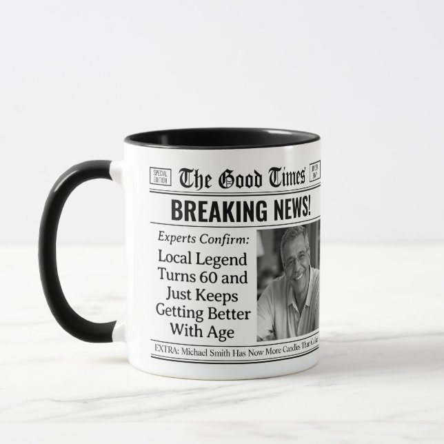 Custom Birthday Mug, Fun Gift Idea Newspaper  Mug (Left)