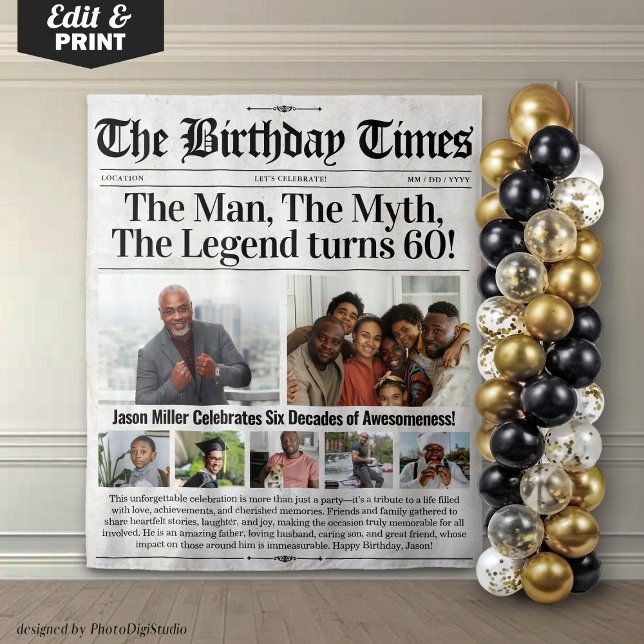 Custom Birthday Newspaper Backdrop with Photos Tapestry (Custom Birthday Newspaper Backdrop with Photos)