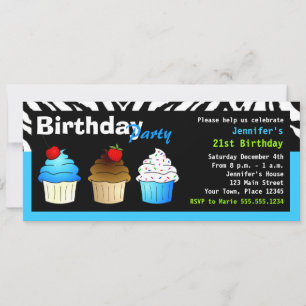 Custom Birthday Party Aqua Blue Zebra - Cupcakes Invitation