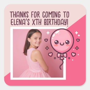 Custom Birthday Party Cute Balloon Photo Thank You Square Sticker