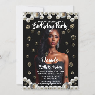 Custom Birthday Party Diamond, & Pearl Photo Black Invitation