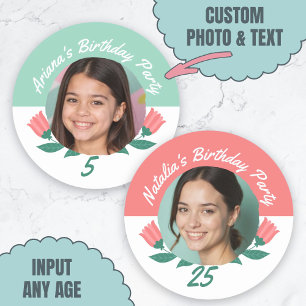Custom Birthday Party Floral Photo Name Any Age  Classic Round Sticker