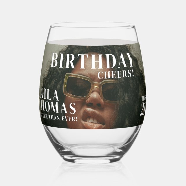 Custom Birthday Party Magazine Cover Cheers Stemless Wine Glass (Front)
