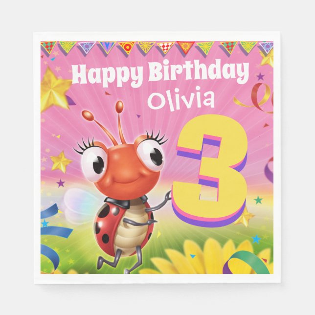 Custom Birthday Party paper napkin girl 3yrs old (Front)