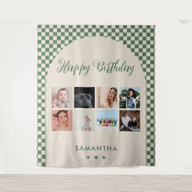 Custom Birthday Party Photo Collage Banner Tapestry (Front)