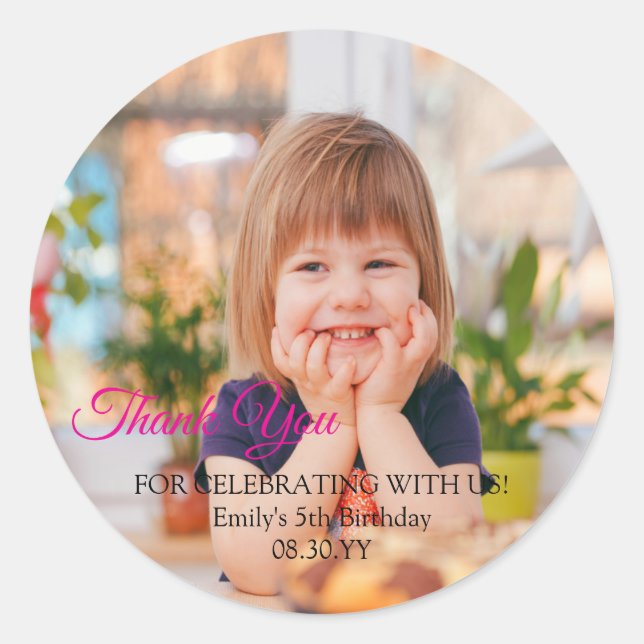 Custom Birthday Party Script Photo Thank You Classic Round Sticker (Front)
