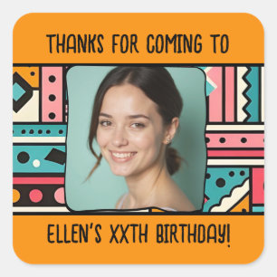 Custom Birthday Pic Name Any Age Geometric Pattern Square Sticker