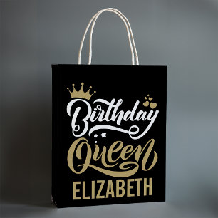 Custom Birthday Queen Black and Gold Personalized Medium Gift Bag