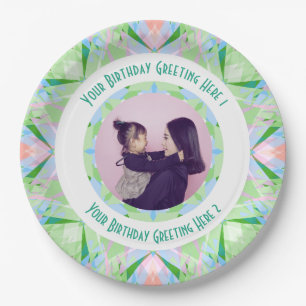 Custom Birthday Star Green Pink Photo Greeting Paper Plate