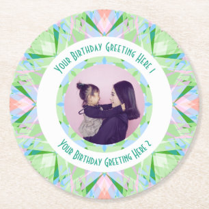 Custom Birthday Star Green Pink Photo Greeting Round Paper Coaster