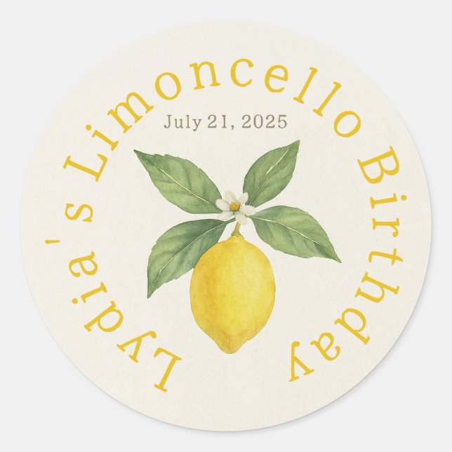 Custom Birthday Watercolor Lemon Classic  Classic Round Sticker (Front)