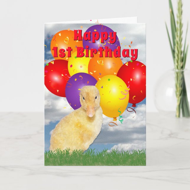 Custom Birthday Yellow Duckling Colorful Balloons Card (Front)