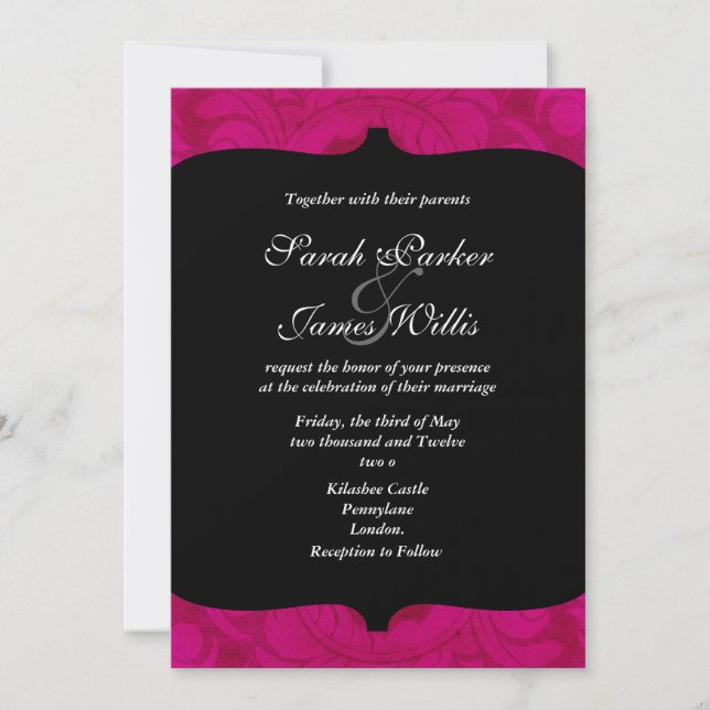 Custom Black and Fuchsia damask Invitation (Front)