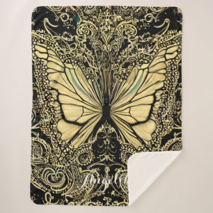 Custom Black and Gold Butterflies Name Sherpa Blanket