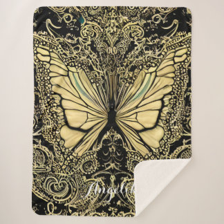 Custom Black and Gold Butterflies Name Sherpa Blanket